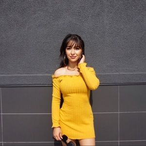 Yellow off the shoulder mini dress